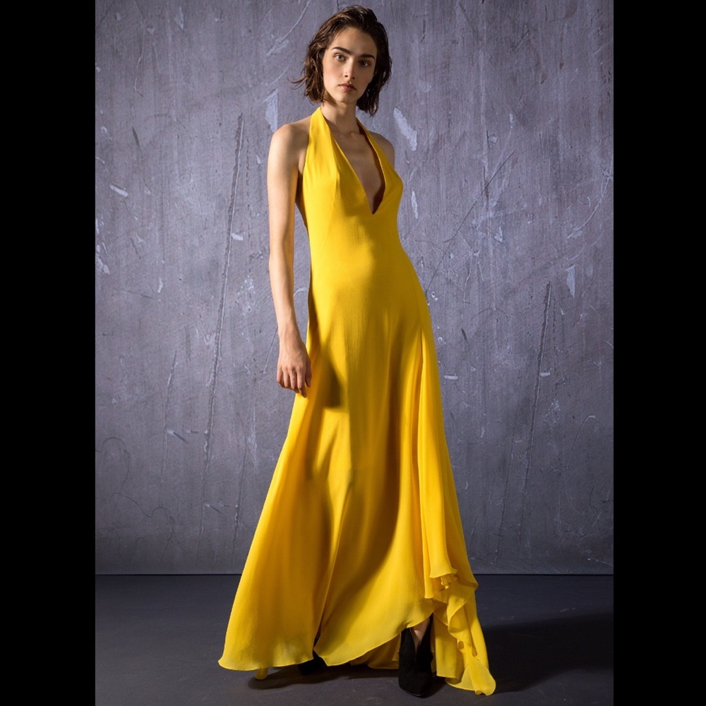 AKRIS Resort 2019 RTW Runway Yellow Halter Mulberry Silk Dress Gown Net-A-Porter